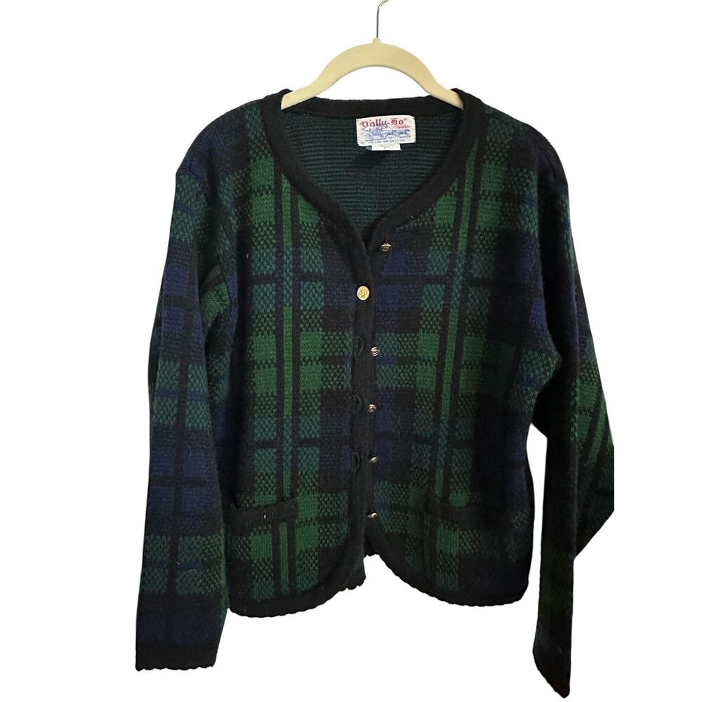 Vintage Tally Ho Cardigan Sweater Womens S Green Navy Plaid Knit Pockets